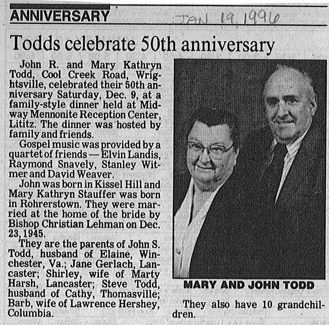 Anniversarystauffer mary kathryn and todd john r Mennonite Life